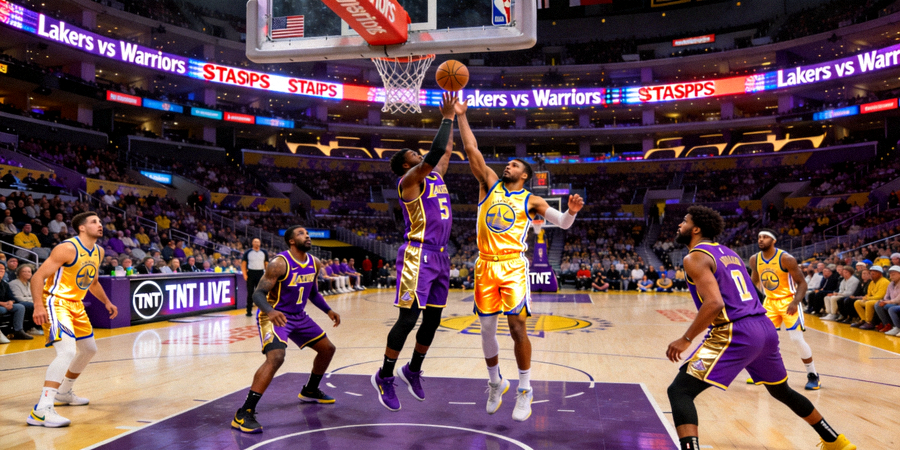 NBA焦点大战洛杉矶湖人队与金州勇士队现场直播画面，斯台普斯中心内灯火通明